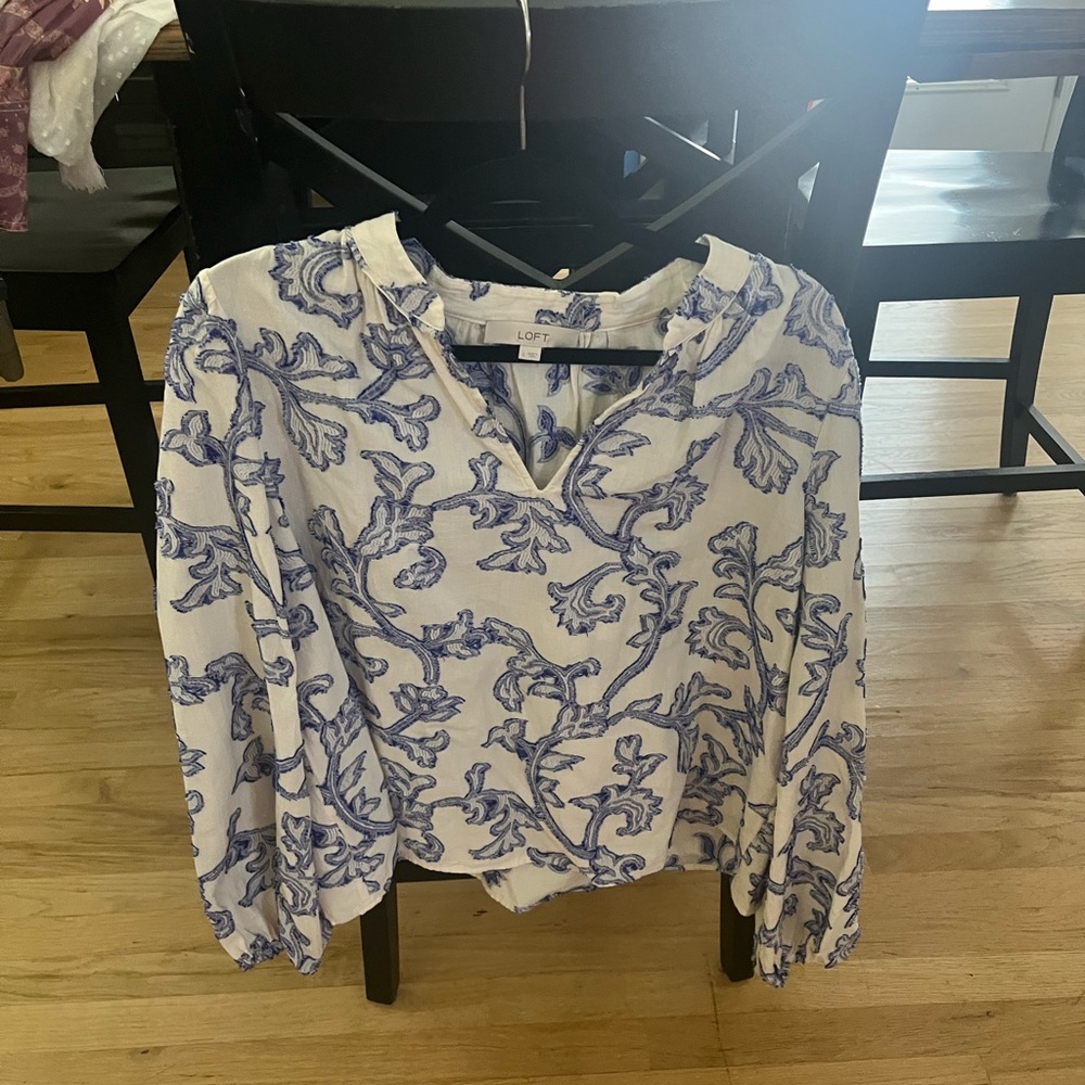 LOFT Ivory and Indigo Patterned Top